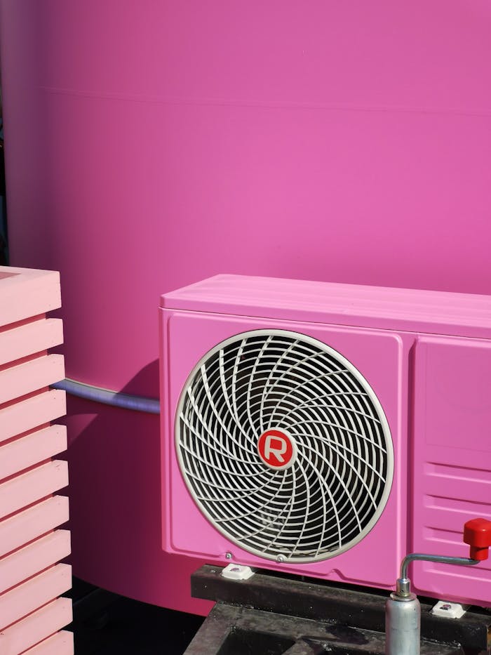 A vibrant pink air conditioner mounted on a bold pink wall, capturing modern design elements.