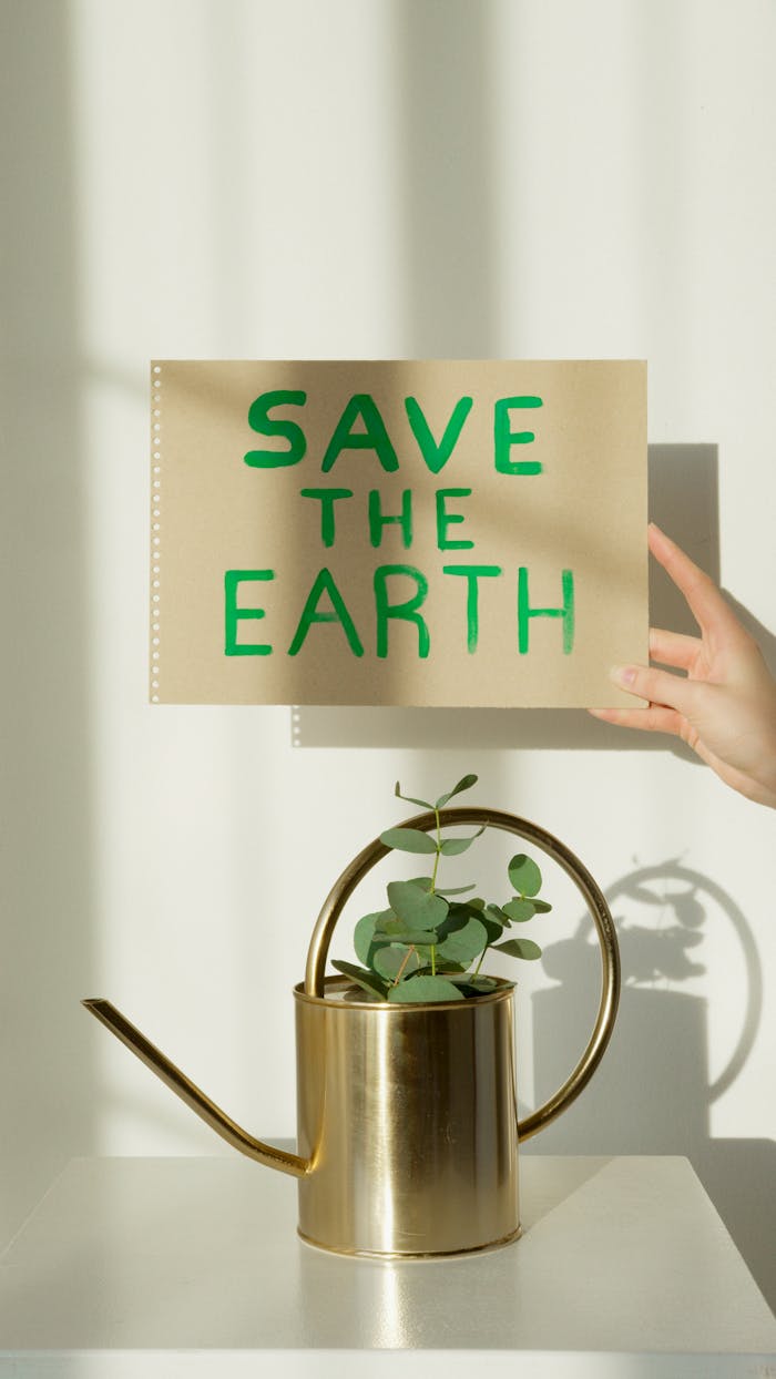 A hand holds a sign reading 'SAVE THE EARTH' above a brass watering can with a eucalyptus plant on a white background.